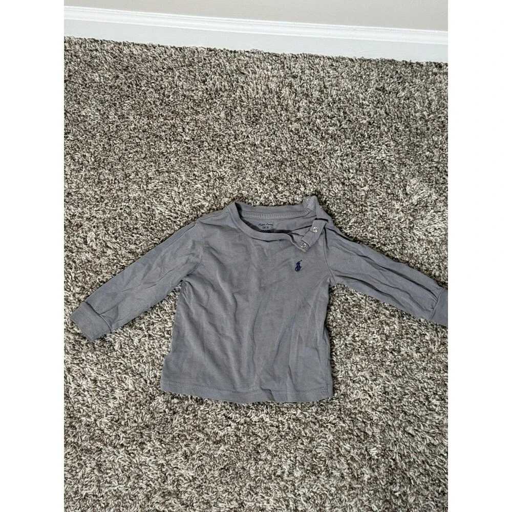 Ralph Lauren Baby Shirt 12M Gray Long Sleeve Polo Logo Excellent Condition